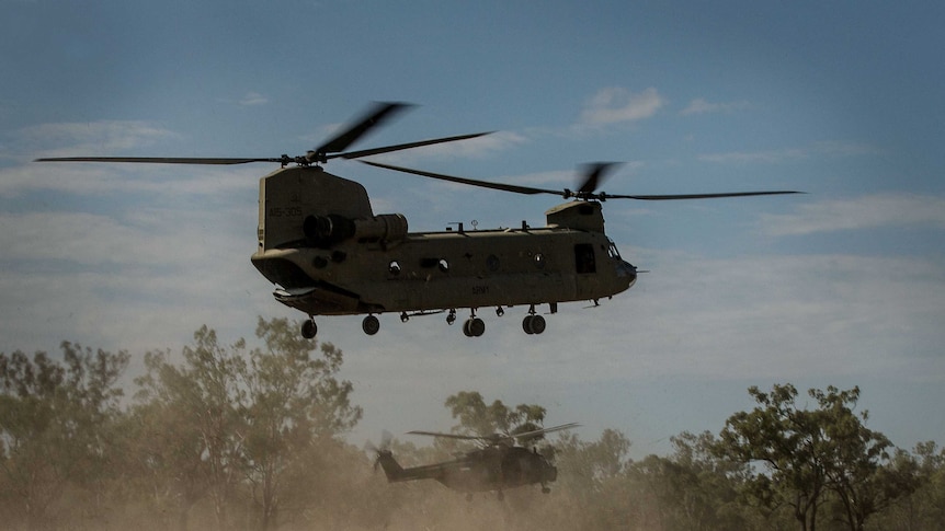 An Australian Army Chinook in flight during a training exercise