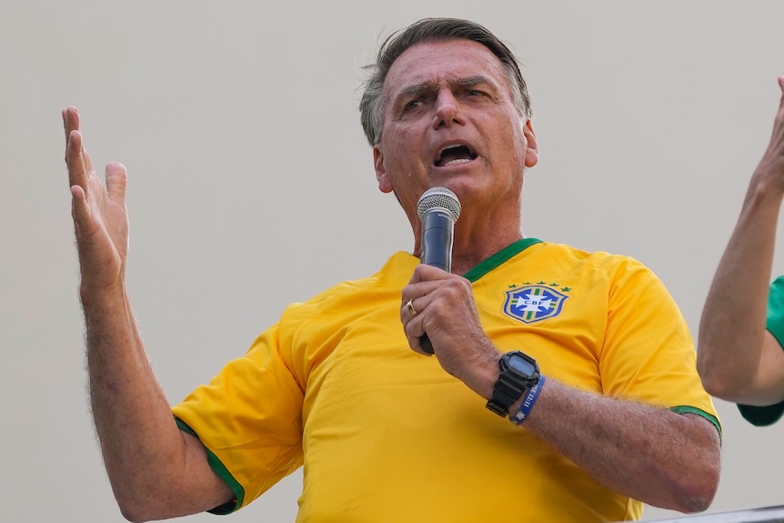 Brazil's former president Jair Bolsonaro addresses rally