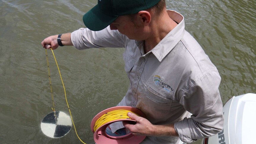 Paul Maxwell testing water clarity in the Brisbane River