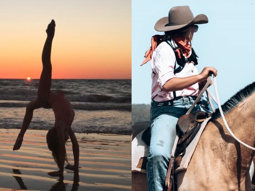 Two photos: a woman doing upside down splits on the beach at sunset and a woman on horseback.