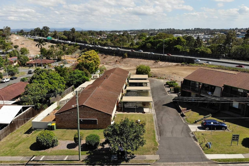 Aerial shot of the units at Rochedale South showing close proximity to Pacific Motorway.