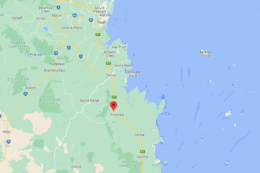 A map of Queensland with a pin showing the location of a fatal road crash.