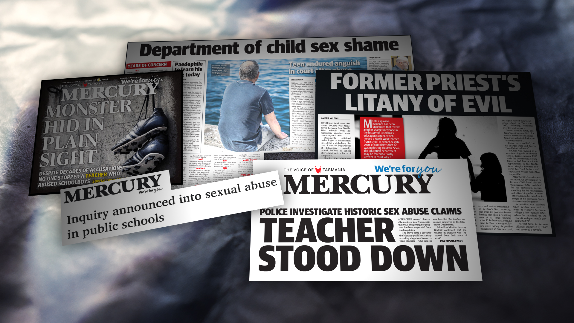 A graphic montage of newspaper headlines about child sexual abuse cases