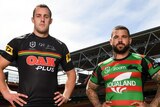 Penrith Panthers' Isaah Yeo and South Sydney Rabbitohs' Adam Reynolds stand with their hands on their hips at Lang Park.