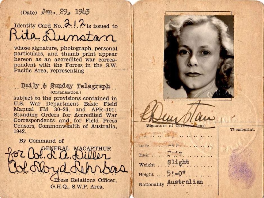 War correspondent’s licence and identity card, issued to Sydney Daily Telegraph reporter Rita Dunstan in 1942.