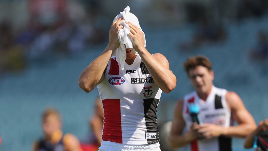A St Kilda player cools down at Football Park during the AFL preseason cup match against Adelaide.