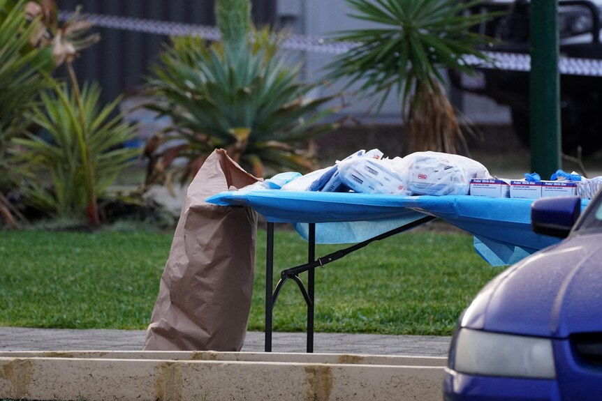 A trestle table with boxes of disposable gloves set up on a driveway, with a large paper bag leaning against it.
