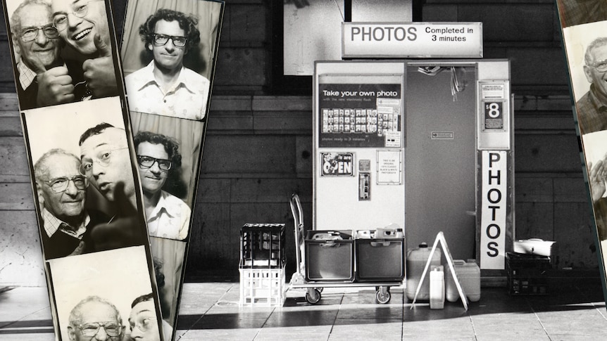 Black and white composite image showing strips of photos with a young and older man over a photobooth inside a train station.
