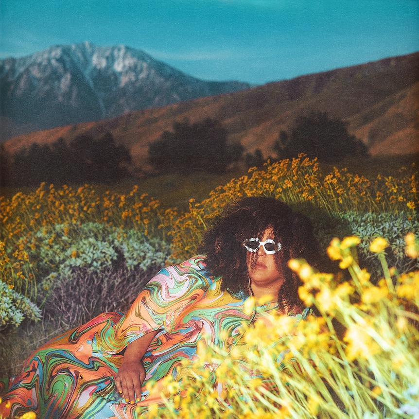 Brittany Howard wears a psychedelic dress and sunglasses, lying on a mountainside field of flowers