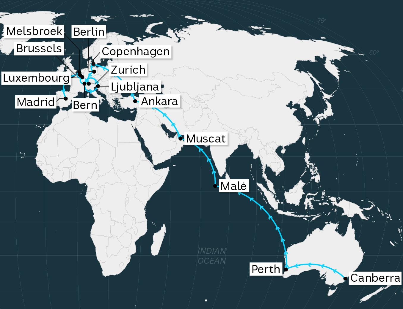 A map of the globe showing the cities Mathias Cormann has flown to around the globe