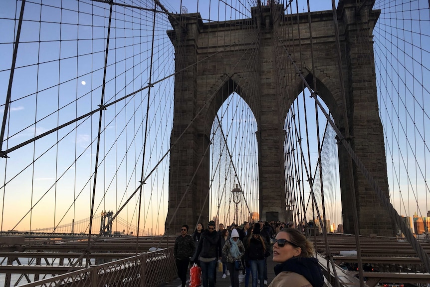 Hannah Durack on Brooklyn Bridge in New York City.