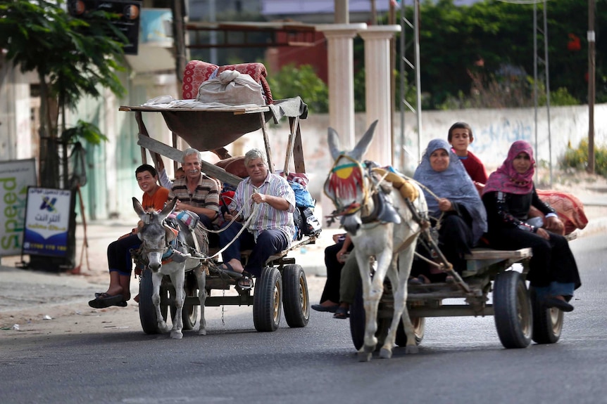 Palestinian families travel to a UN school in Gaza City to seek shelter after evacuating their homes.