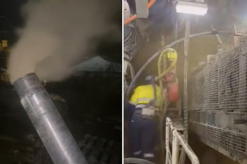 Composite image of gas coming out of a metal pipe and a worker in hi-vis standing next to a machine as gas fills the air.