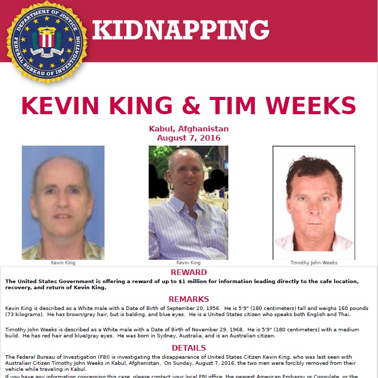 A poster labelled 'Kidnapping' shows three images and provides a physical description of the hostages.