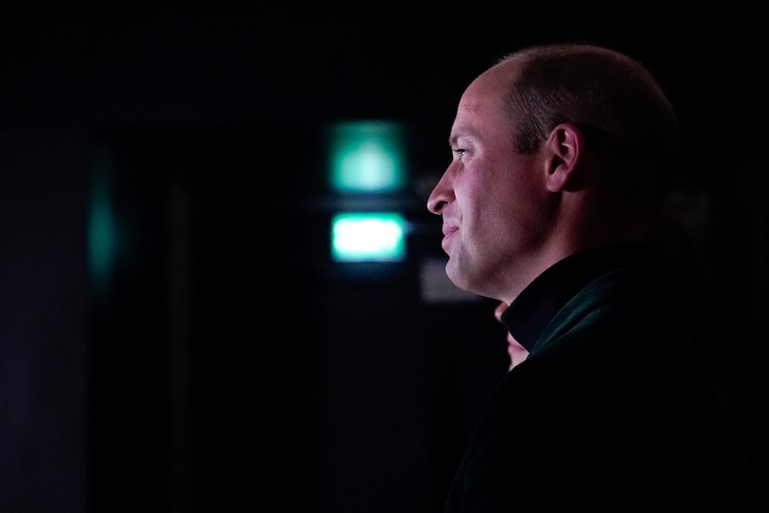 A side-on view of Prince William in a darkened space with lights in the background.