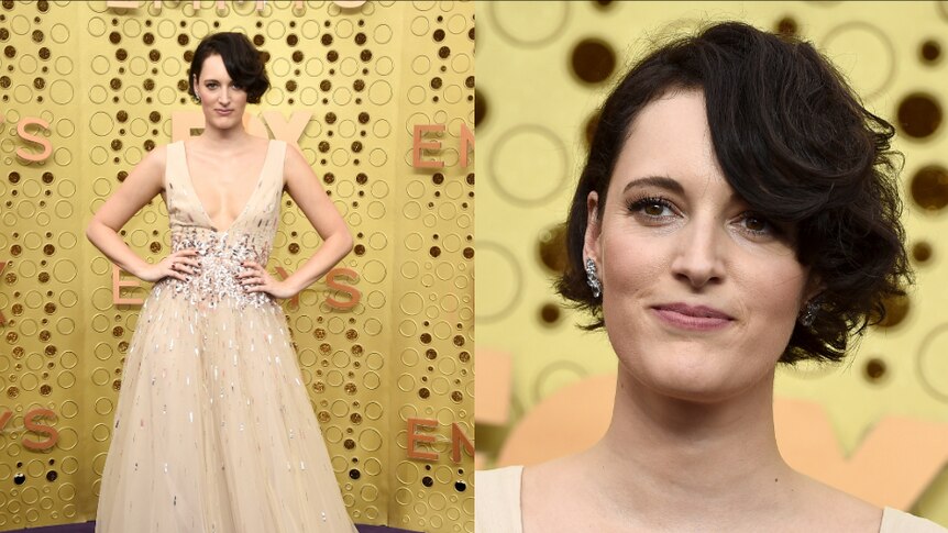 Phoebe Waller-Bridge is seen in a composite image with a full length shot on left and closeup on right. She wears a cream gown.