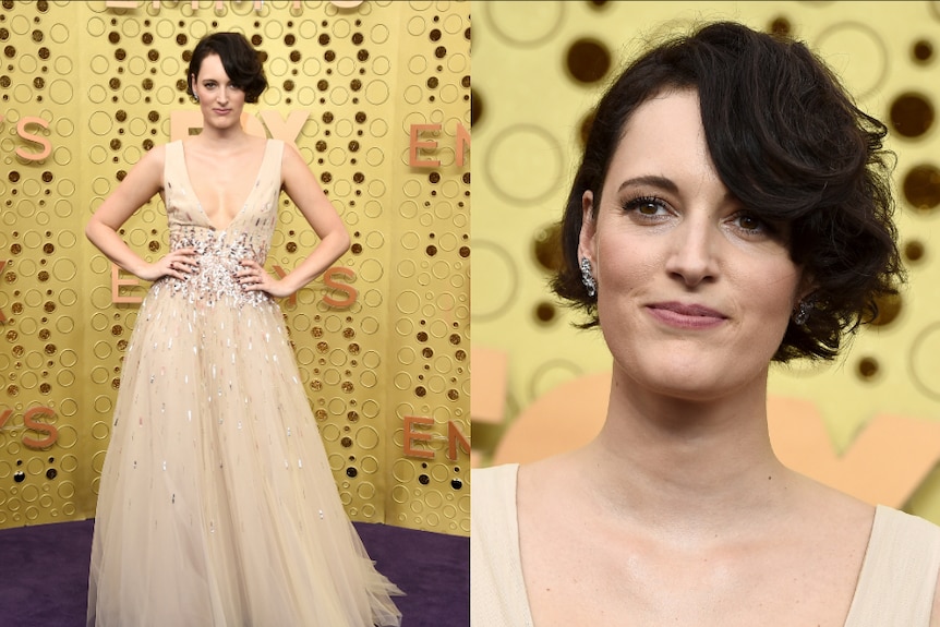 Phoebe Waller-Bridge is seen in a composite image with a full length shot on left and closeup on right. She wears a cream gown.