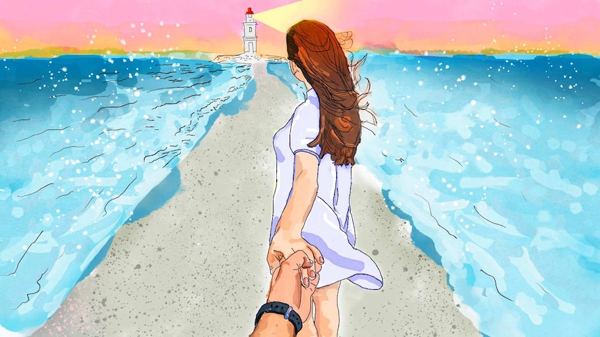 Drawn illustration of a woman holding a hand and walking through a part in the sea to a lighthouse to depict a loved one dying.