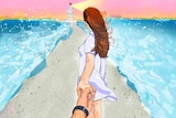 Drawn illustration of a woman holding a hand and walking through a part in the sea to a lighthouse to depict a loved one dying.