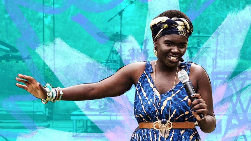 A woman in a headband and microphone in hand, against a blue-and-purple background.