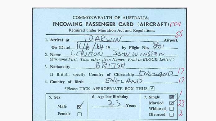 John Lennon's passenger card for his arrival at Darwin during the Beatles' Australian tour in 1964.