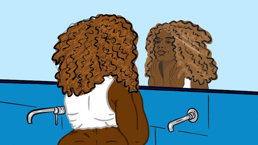 Illustration of woman looking at herself in the mirror