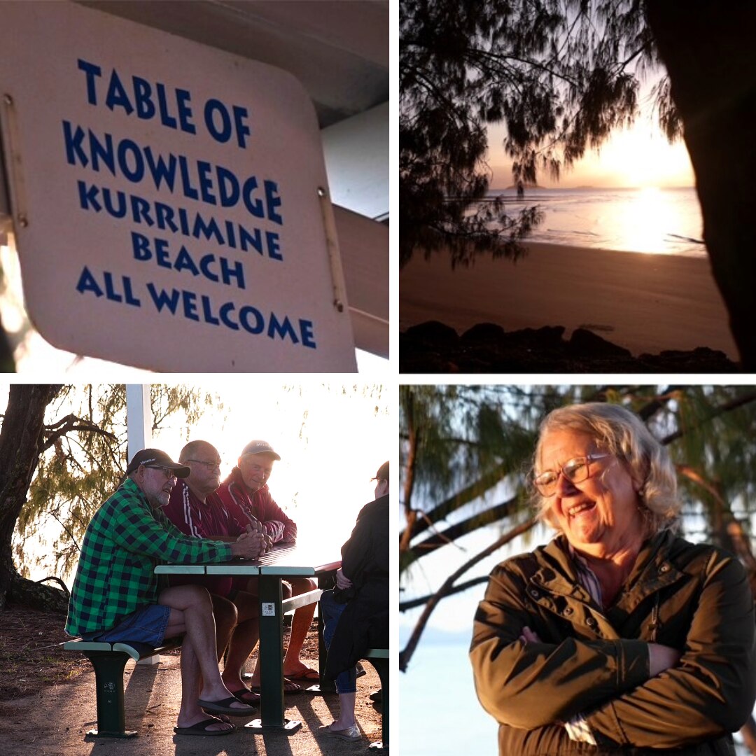 Una imagen compilada que muestra gente en una mesa en la playa y un cartel que dice 