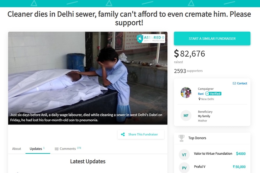 A screenshot of a crowdfunding page, that has raised $US82,676, shows a photo of a boy grieving over his father's body.