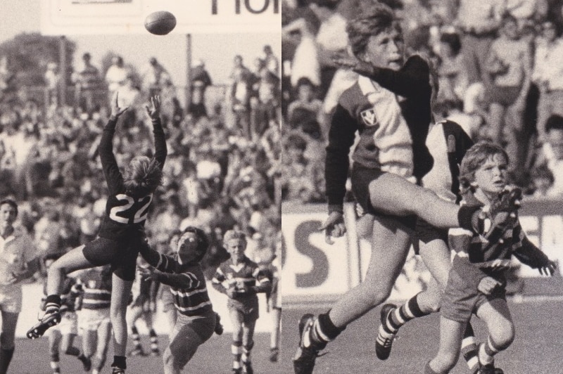 Two newspaper article photographs of young boys playing Aussie rules.
