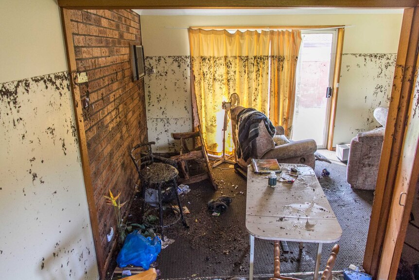 Allan Cherry's lounge room covered in debris