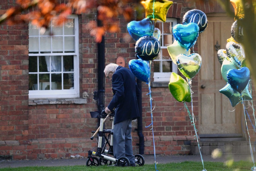 99-year old British military veteran Tom Moore, who has completed the 100th length of his garden.