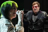 An image of Billie Eilish singing into a microphone next to an image of Elton John in pink sunglasses and a dedazzled jacket