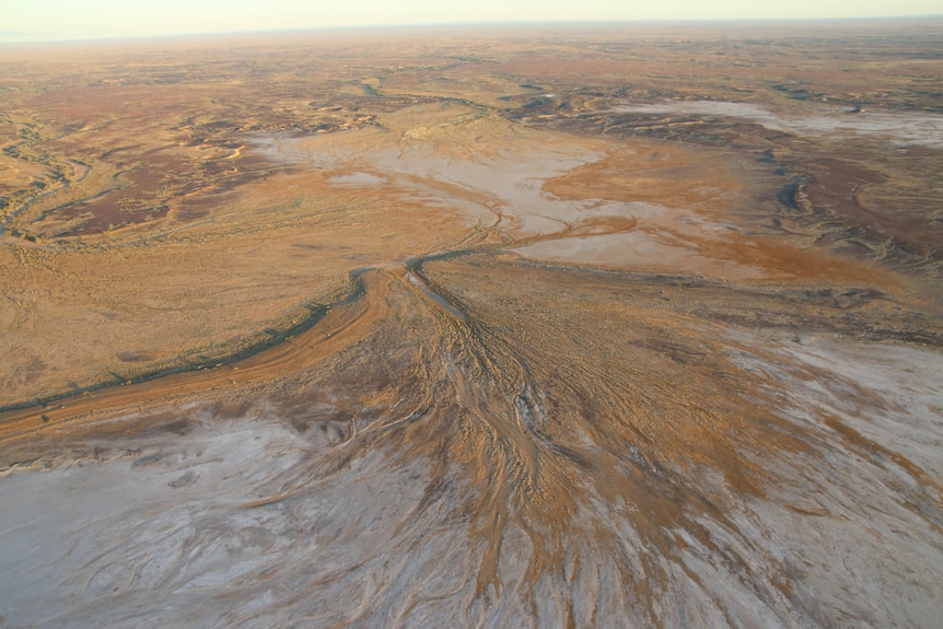 A recent aerial view of the edge of Belt Bay of Lake Eyre.