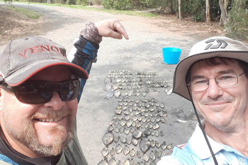 Two men point back at a lot of fish laid out on a carpark.