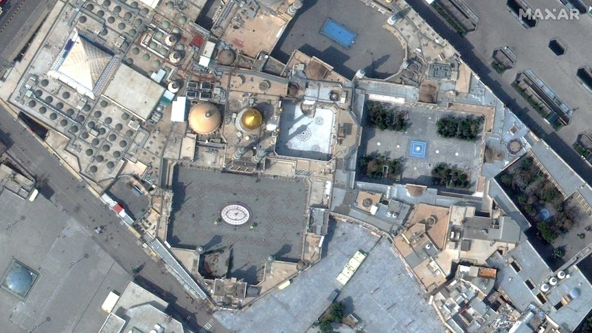 Satellite imagery shows the deserted scene of the Shrine of Fatima Masumeh in Iran.