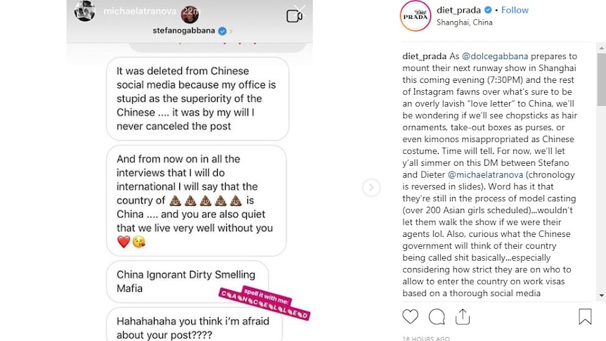 A screenshot of an Instagram post said to show an exchange between one user and Stefano Gabbana.