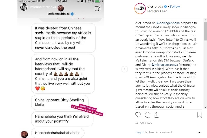 A screenshot of an Instagram post said to show an exchange between one user and Stefano Gabbana.