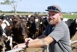 Portrait of Ross Anderson. Dairy cattle looking at the camera in the background and green paddocks behind them.