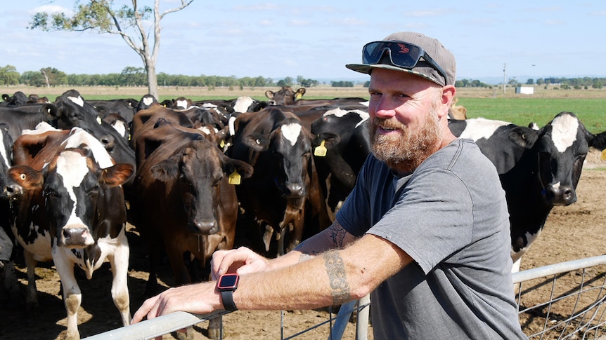 Portrait of Ross Anderson. Dairy cattle looking at the camera in the background and green paddocks behind them.