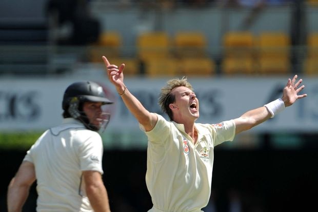 Australian bowler Brett Lee celebrates after taking his 300th Test match wicket