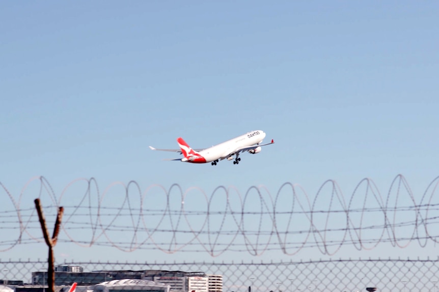 A Qantas plane takes off. In the foreground underneath the plane is the barbed wire of an airport fence.