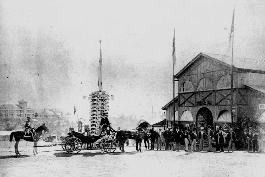 Black and white photo of the original exhibition building in Brisbane.