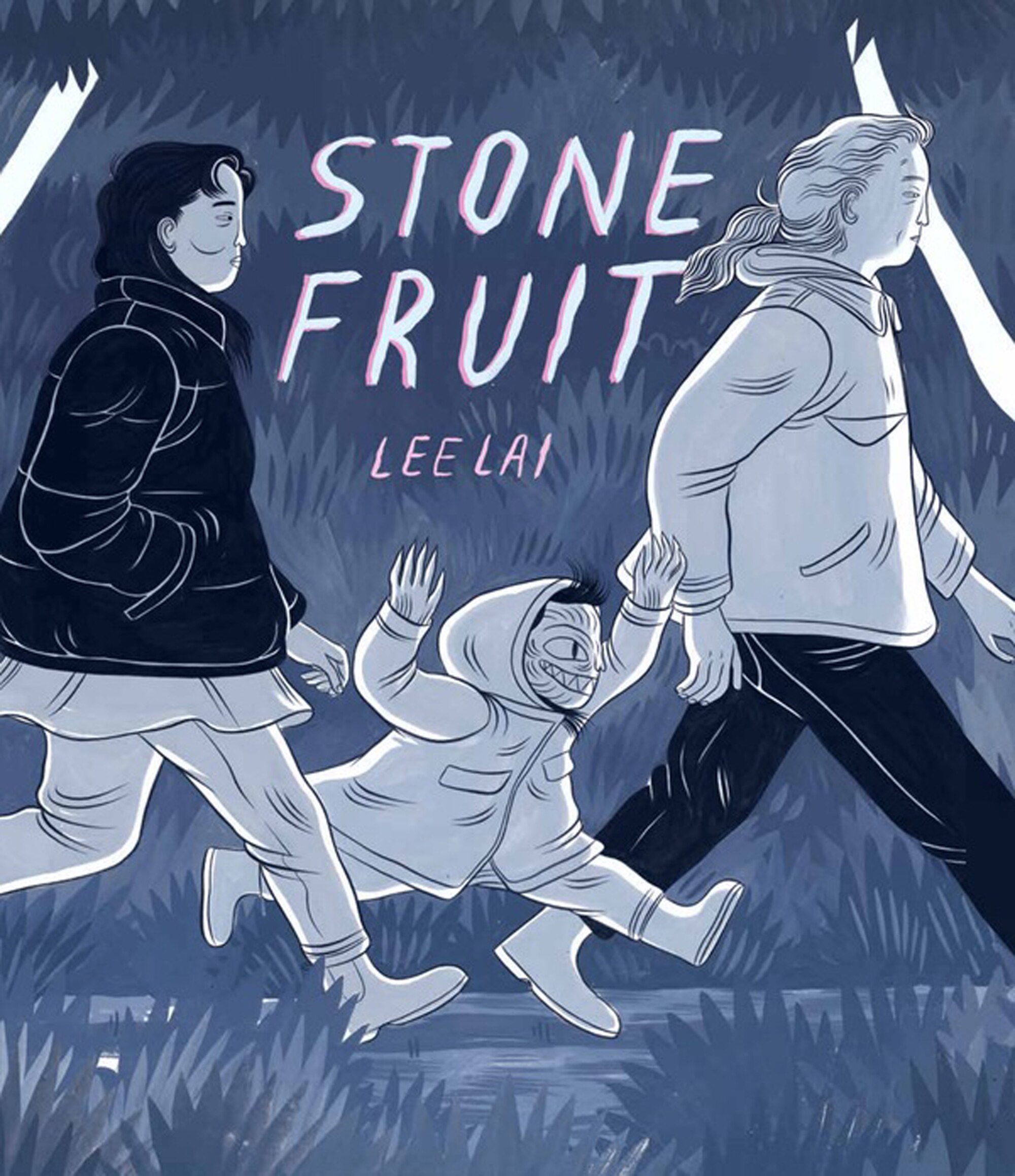 The book cover for Stone Fruit by Lee Lai features an illustration of a man, a woman and a child walking through a woodland.