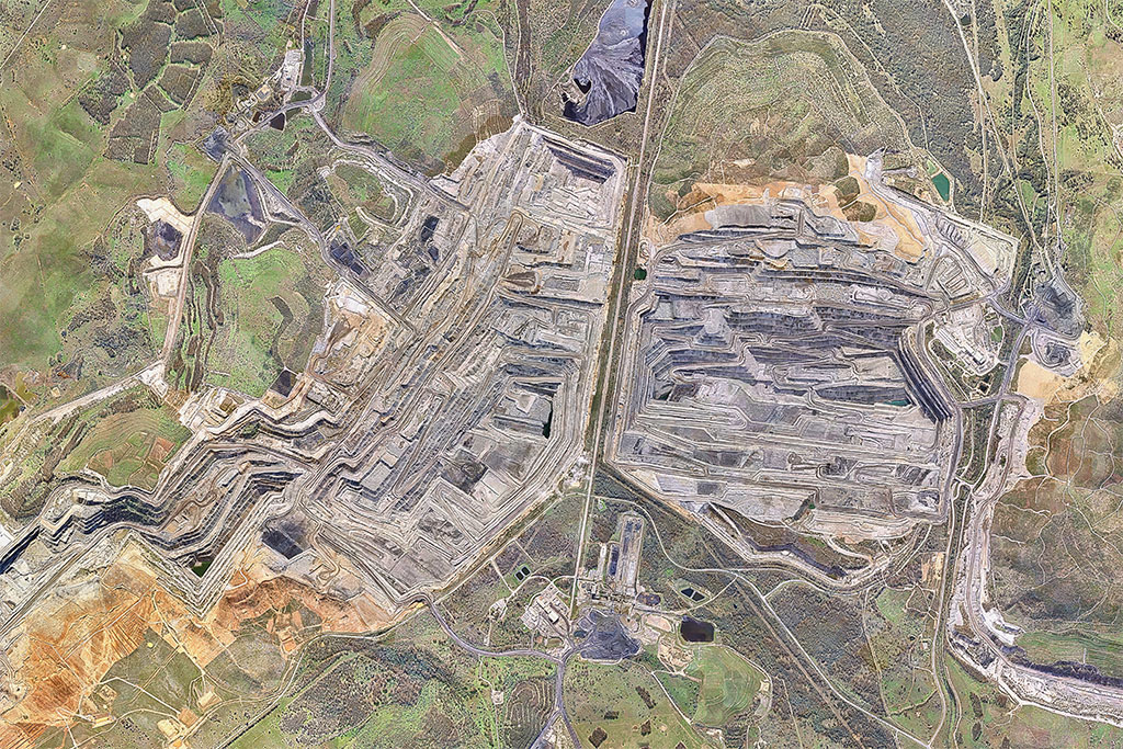 A satellite image of the Hunter Valley North coal mine near Singleton in the Upper Hunter region of New South Wales, Australia.