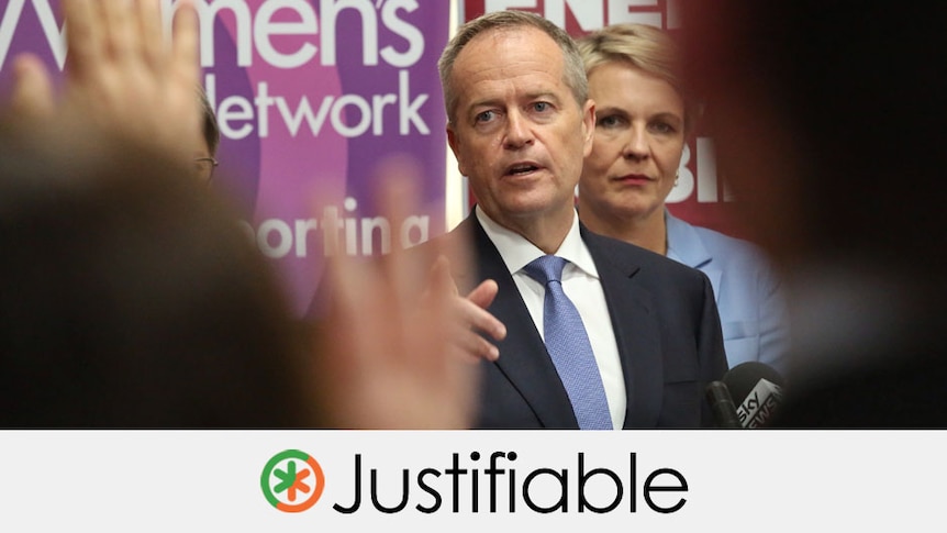 Mr Shorten standing in front of signs, pointing to a crowd.