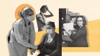 Abstract collage of woman in office with words Jobs for women! and orange coloured background.