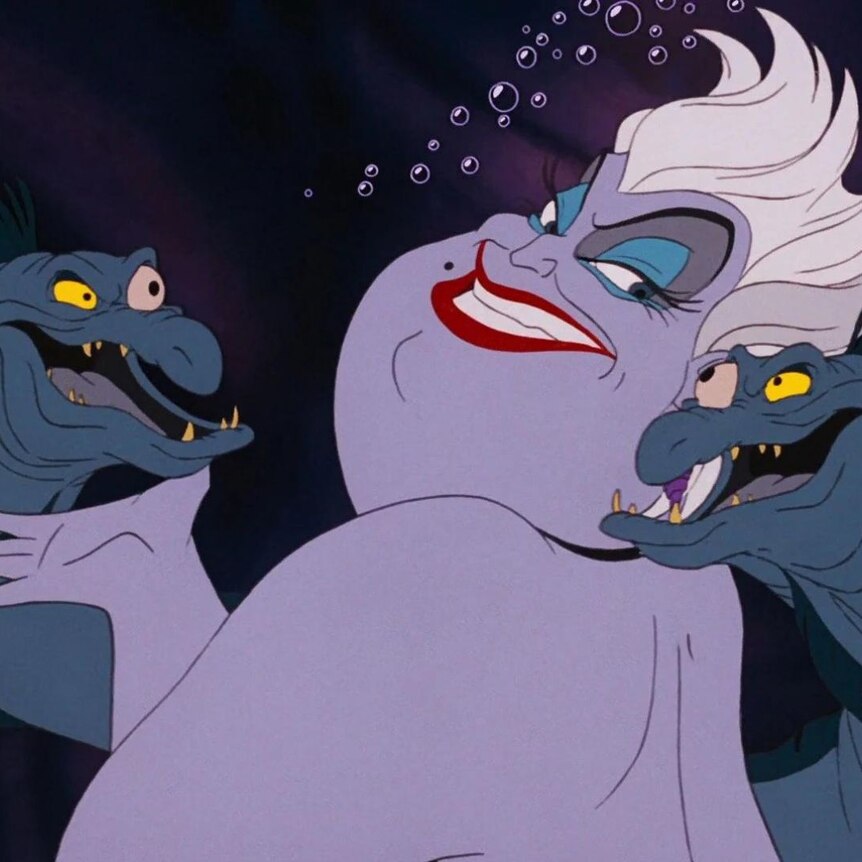 Cartoon image of a sly woman with purple skin, surrounded by two eels