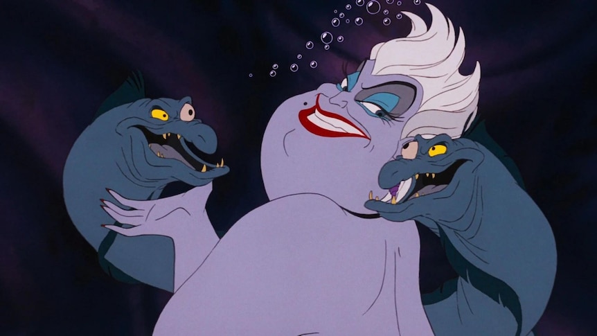 Cartoon image of a sly woman with purple skin, surrounded by two eels