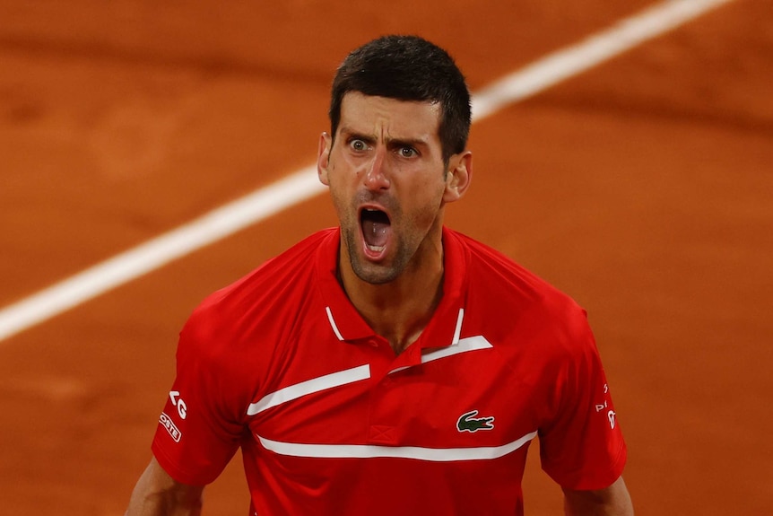 Serbia's Novak Djokovic reacts.