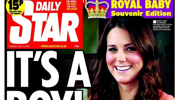 Front page of The Daily Star in the UK announcing the birth of a son to Prince William and Catherine.